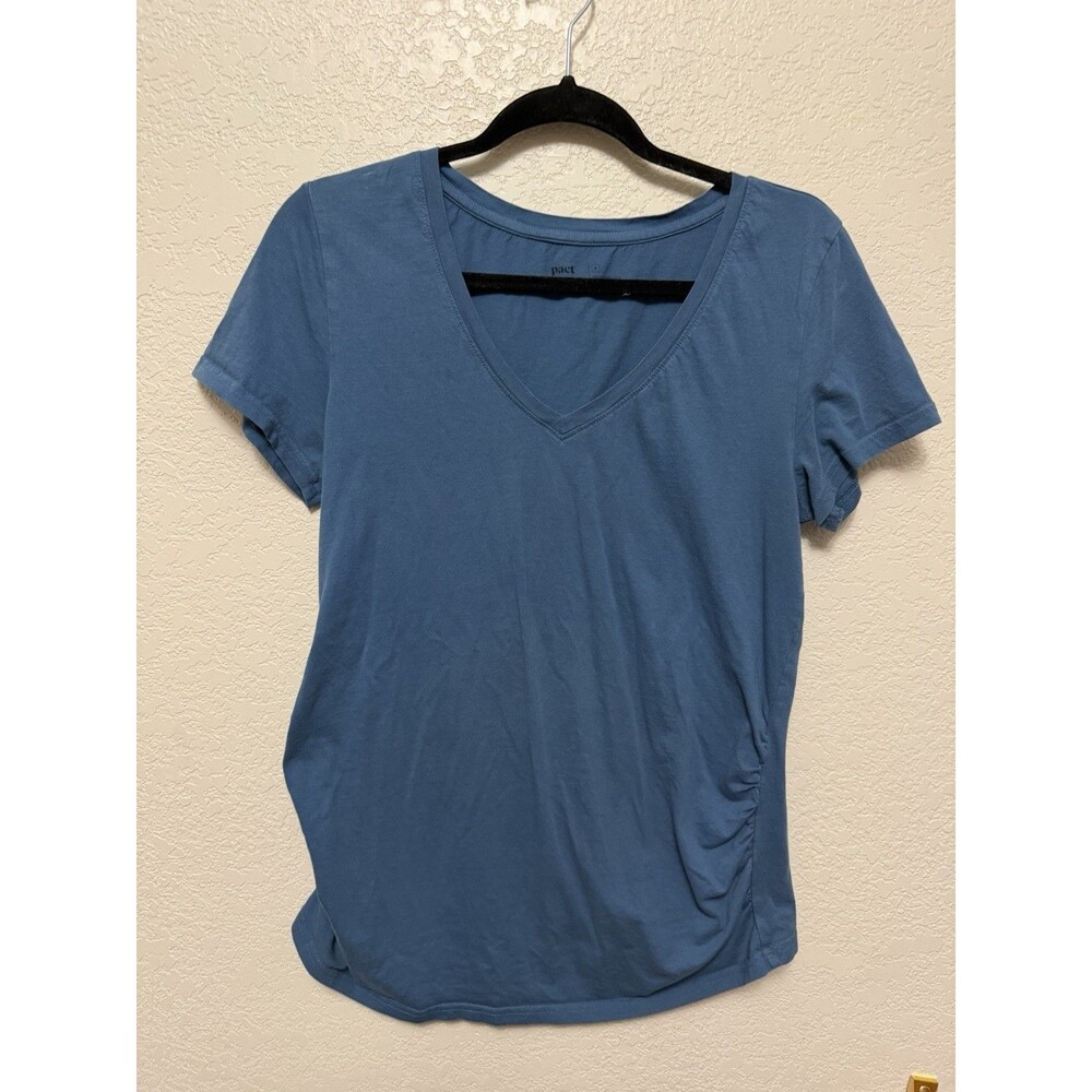 PACT Organic Cotton Women’s Maternity T-Shirt Blue v-Neck Short Sleeve Sz M